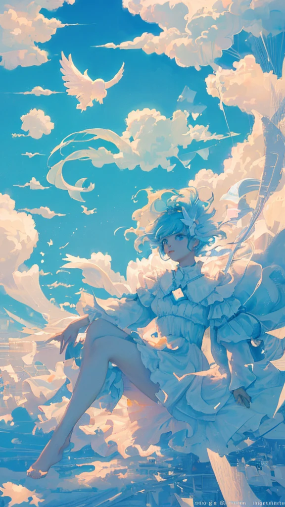masterpiece, best quality, movie still, 1girl, floating in the sky, cloud girl, cloud, (close-up:1.1), bright, happy, fun, soft lighting, (Bauhaus, shapes, lines, abstract:1.1)