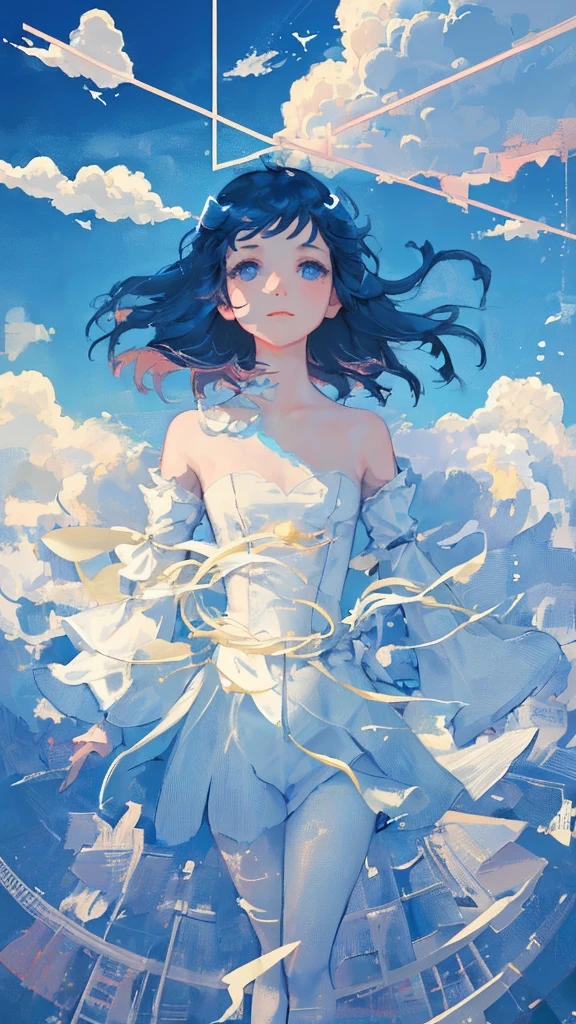masterpiece, best quality, movie still, 1girl, floating in the sky, cloud girl, cloud, (close-up:1.1), bright, happy, fun, soft lighting, (Bauhaus, shapes, lines, abstract:1.1)
