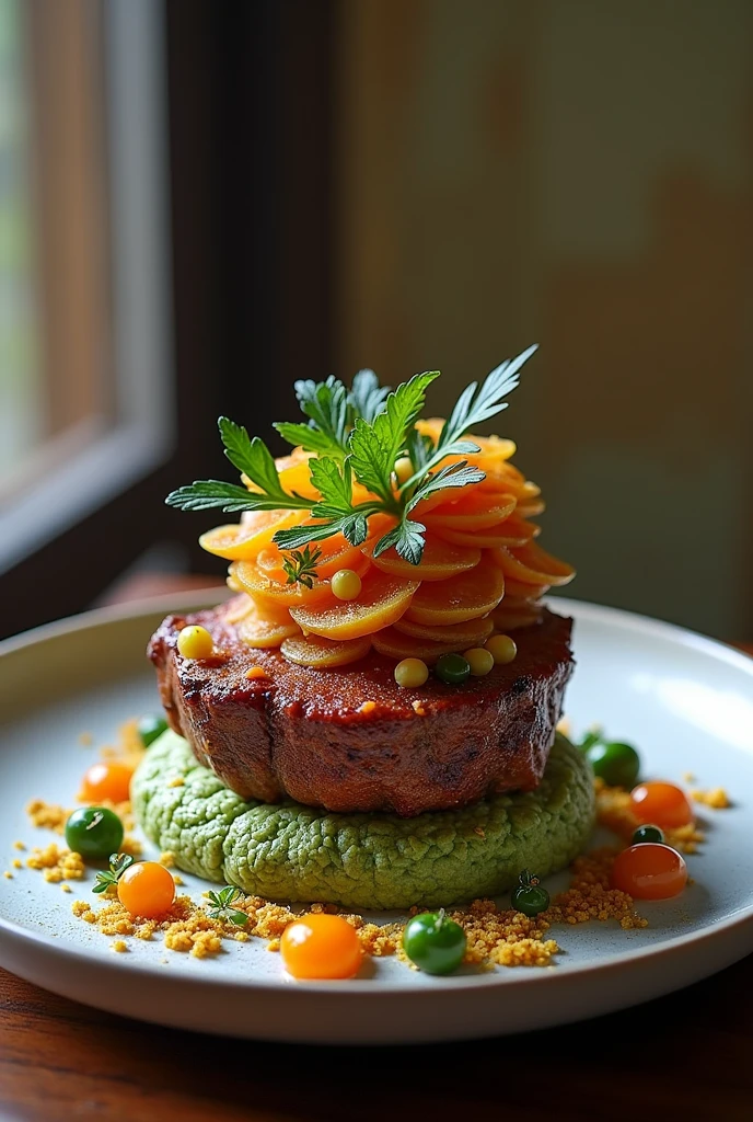 Presentation of a main dish fusing the Valluno-Andean cuisine of Bolivia made with murmunta (cianobacteria), Llama meat and rainbow chili applying cutting-edge techniques. image in 8k