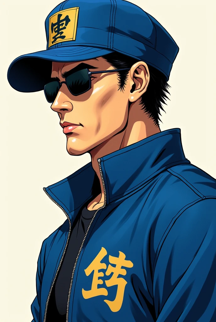 An anime character wearing a blue hat and a blue jacket, jotaro kujo, Jojo anime style, jotaro, Becoming a JoJo character, JoJo's Bizarre Adventure,, Kentaro Miura's Manga Art Style, JJBA, Joe Biden as a JoJo character, striking manga artstyle,Dwayne Johnson style,((Defective Japan))
((Profile on the left))
((Evil Face))
((Japanese student cap)),((Japanese Banchou))
((Showa era delinquents))
((Looking forward))