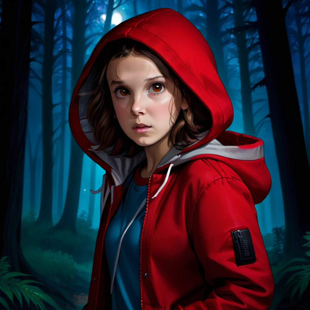 milli3 woman, millie bobby brown, 1 girl wearing red jacket and hood, netflix, stranger things, eleven, in a dark forest, front view,