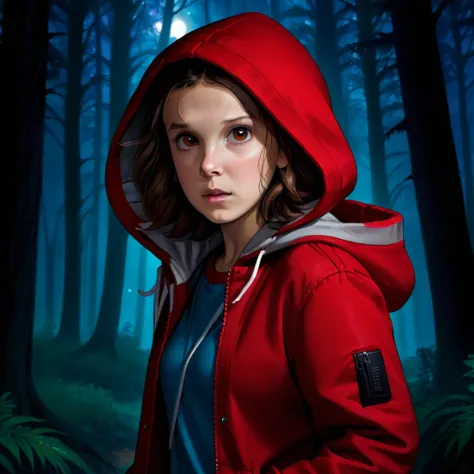 milli3 woman, millie bobby brown, 1 girl wearing red jacket and hood, netflix, stranger things, eleven, in a dark forest, front ...