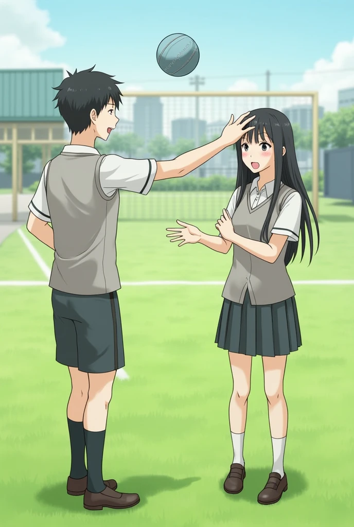 A boy standing far from the girl giving catch to girl in school ground both are in uniform but the ball hit the girl's forehead