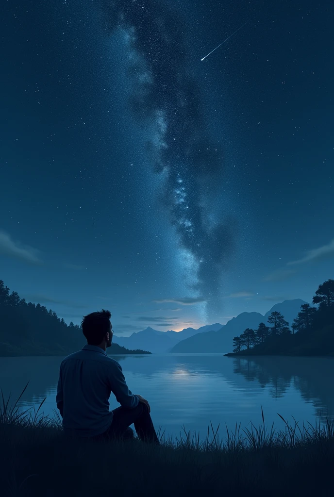In the stillness of midnight, a solitary man sits on the grass, his posture heavy with sorrow. His eyes, full of deep sadness, are fixed on the vast sky above, where countless stars and meteors streak across the darkness. The night is silent, except for the distant sound of a calm lake nearby, its surface reflecting a soft, cozy light. The scene is hauntingly beautiful yet profoundly lonely, as the man’s quiet grief contrasts with the immense, indifferent universe above him. The light from the lake offers no comfort, only a reminder of the warmth that feels out of reach, deepening his sense of isolation.
