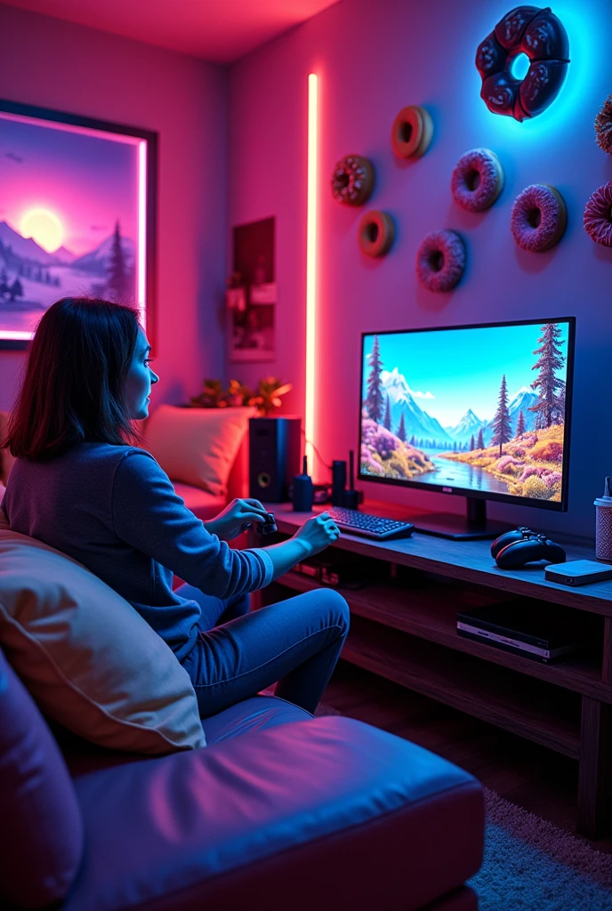 Salon très gaming avec des LED multicolores gaming une ambiance avec une lumière éteinte mais les LED allumé canapé confort pour gaming avec du pop-corn plein de nourriture sucrée des donuts des bonbons une télé une manette pro avec des coussins gaming