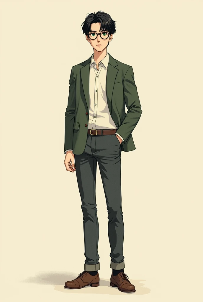 full body drawing where you can see his face and legs of a male teacher with glasses, asian, green eyes, black hair, lean and sharp features with a vintage and rich style, round face, lean, 5 ft9 is 21 years old but aged and sexy with two buttons undone and lightly tan with thin monolid eyes with dark rings under them like Shōta Aizawa but more sexy and a korean mullet and more handsome with a round face but sharper features



