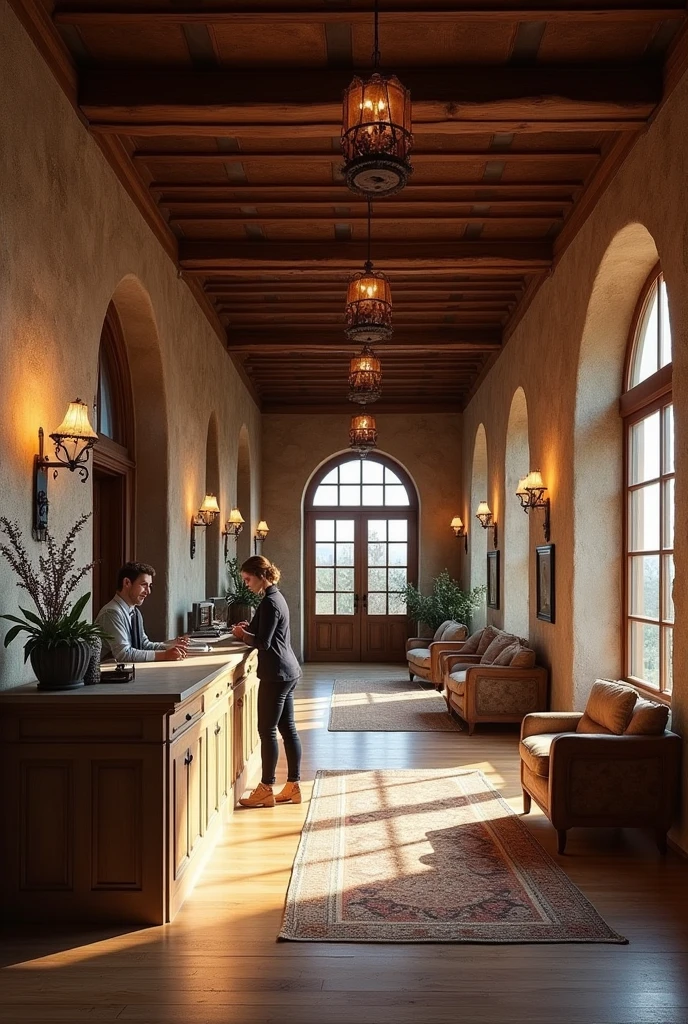 I have a large, rustic hotel. I want to see the hotel reception on one side in a large space with a person serving customers.