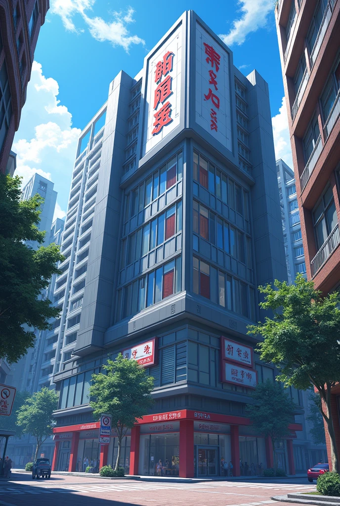 Create an image of a secret base seen from the outside, but the base is a building, in anime version. Write "Official Novel Fanbook", I want it to be a cover for a book