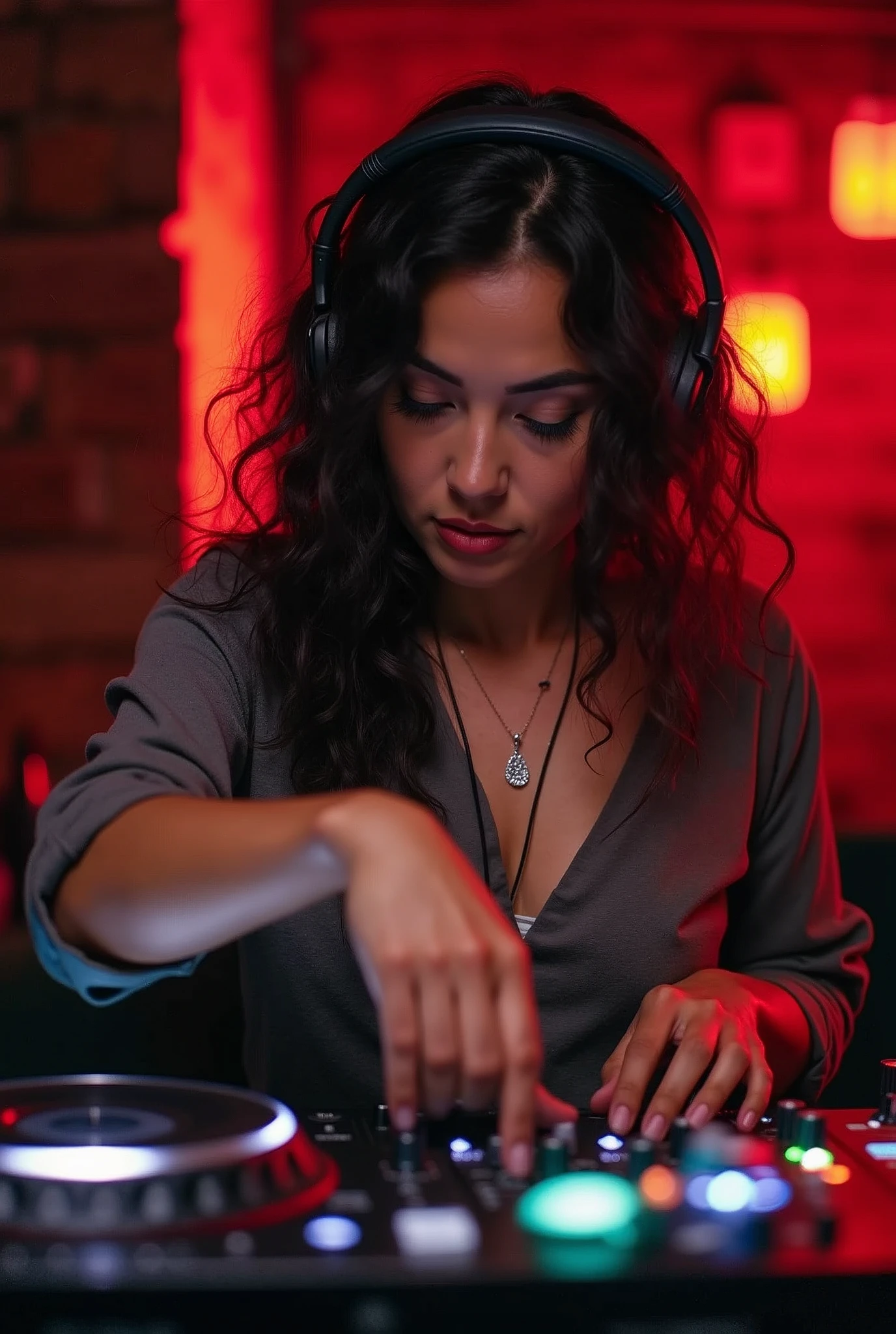 A woman mixing music with a pioneering DJ