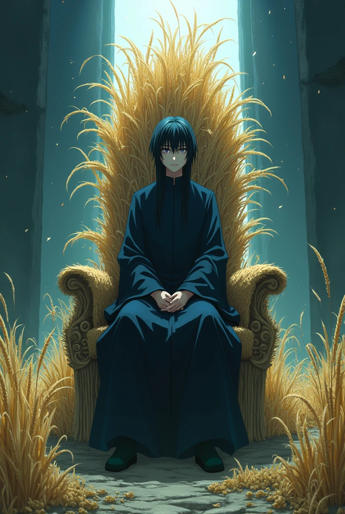 An anime series about a different world. The main character has a cold and cold-blooded personality and face, and a slightly sly smile. Rice is in the shape of a throne.