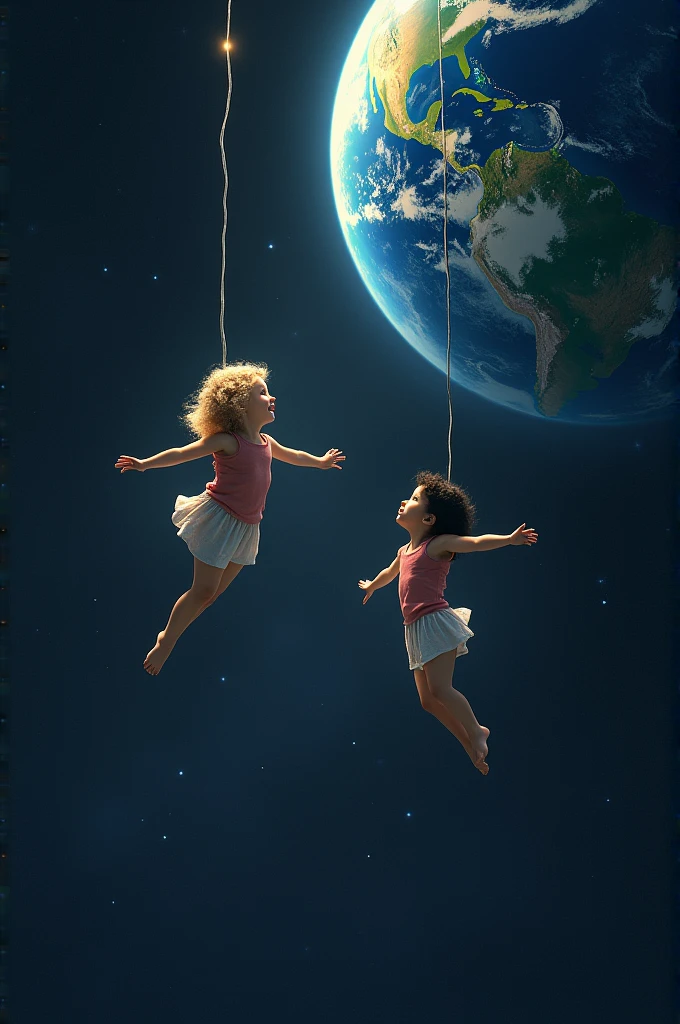 Two children, one blond and one dark-haired, floating in space tied to the planet Earth with a cord 