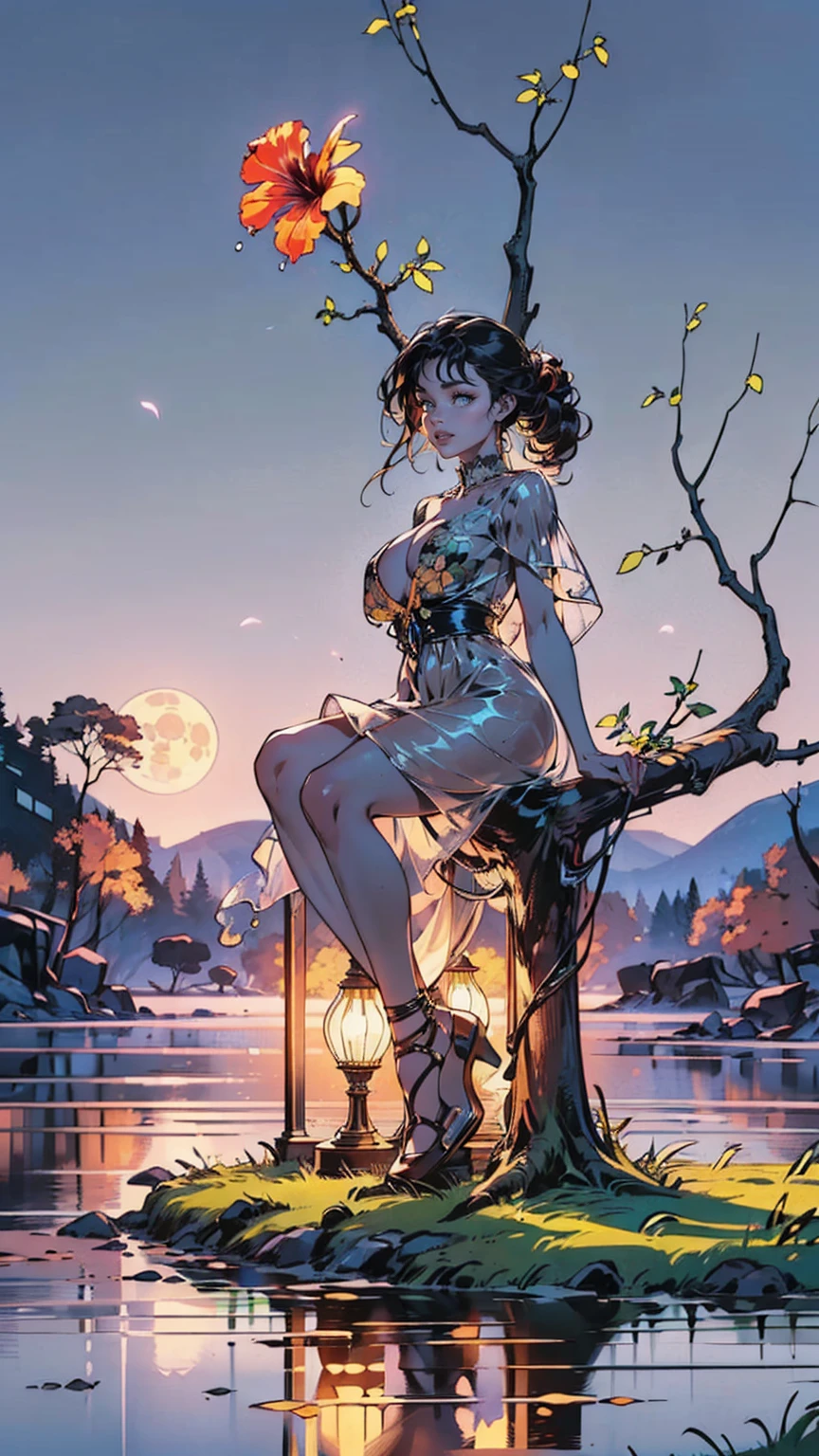 (realistic: 1.3) (original: 1.2), masterpiece, best quality, ((hibiscus flower blooming on a gnarled branch on a gray background)), fractal mandala background, poetic intimacy. colorful, beautiful naked forest goddess, expressive eyes, perfect face, highly detailed, high resolution, 1 sexy girl dressed in forest, flowers, leaves, mandalas, fractal, girl in the forest, forest goddess, ((old antique clock floating )), ((lamp hanging from the tree)), ((full body)), black hair fused with gold, exaggeratedly long hair, hair blown by strong wind, ((transparent clothing)), ((exposed breasts)), ( (transparent open top)), mandala and flower tattoos, illustration, very delicate and beautiful, very detailed, CG, Unity, 8k wallpaper, huge file size, very wide lens, soft lighting, slight smile, (( transparent clothing showing naked body)), ((well detailed eyes looking up)), ((Latin girl sitting on tree trunk)), oil painting, Latin tanned skin, ((full moon night sky )), ((falling autumn leaves)), ((girl looking at an old clock)), nsfw,(( Felicity Jones)), (sensual), (Extremely beautiful), (erotic:1.2), (sublime: 1.0 ), (Extremely sensitive: 1.0), (wise and understanding: 1.2), nsfw, sfw, ((skin wet with water)), ((feet stepping on grass)), ((girl sitting on tree trunk, feet stepping on grass)), blushing face, lantern, fog, mystery and fantasy, ((reflection of full moon in a distant lake)), distant mountains, wlop style, ((Roman column)), ((wall with ivy and flowers)), (wall with Bougainvillea)), ((Bougainvillea tree))
