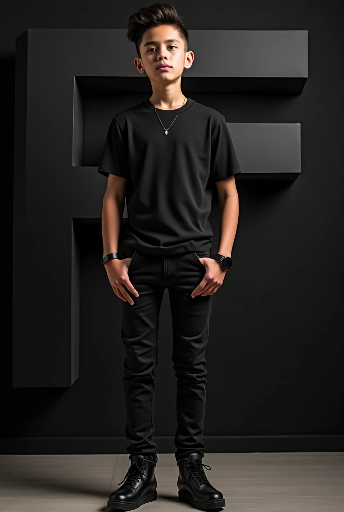 Boy-1
realistic 16 year old cute stylish attitude boy standing with big real 3D "F" name letter side and face down. boy wearing black full t-shirt and black jeans, black shoes, watch stylish hair, The background black wall should ensure that the name is not misspelled