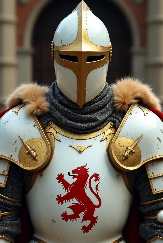 A knight facing the front, wearing plate armor painted white and gold, fur on his shoulder guards as decoration. On his breastplate, the symbol of a lion.
