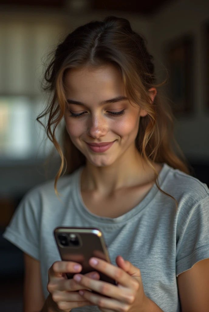 prend une photo tres tres realiste de cette meme fille se montrant en sous vetement avec son telephone