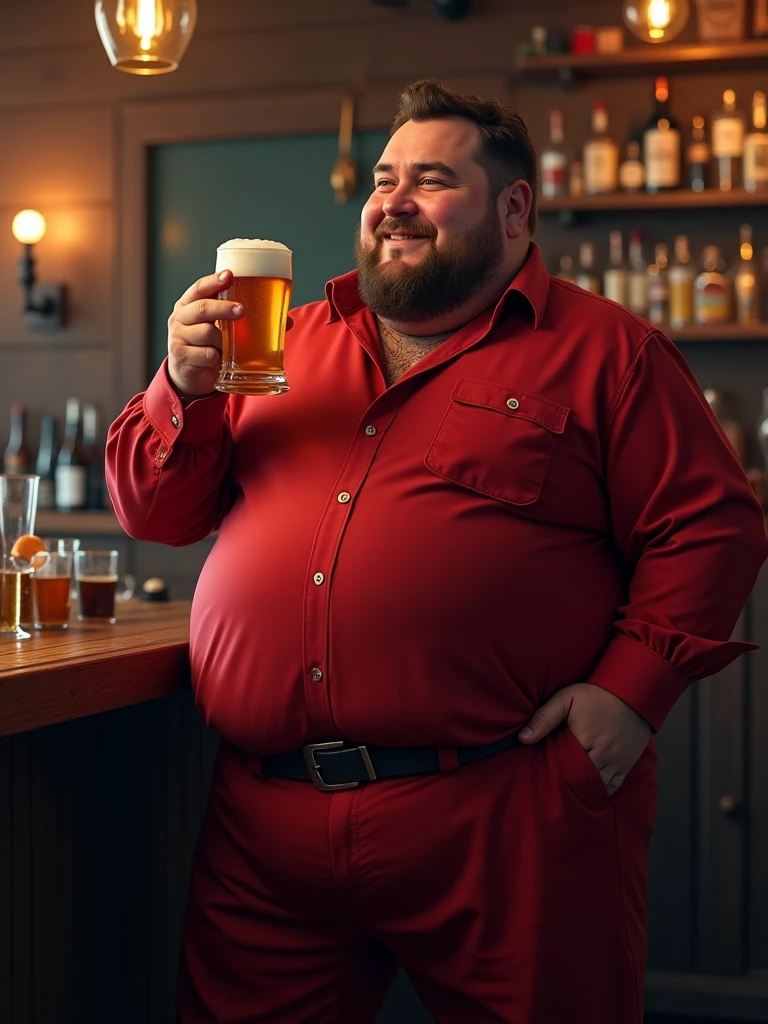 Make a man with obesity, This man must be wearing red clothes ,he must be inside a bar ,he is drinking beer ,photo ultra realistic ,8 k quality,fullHD