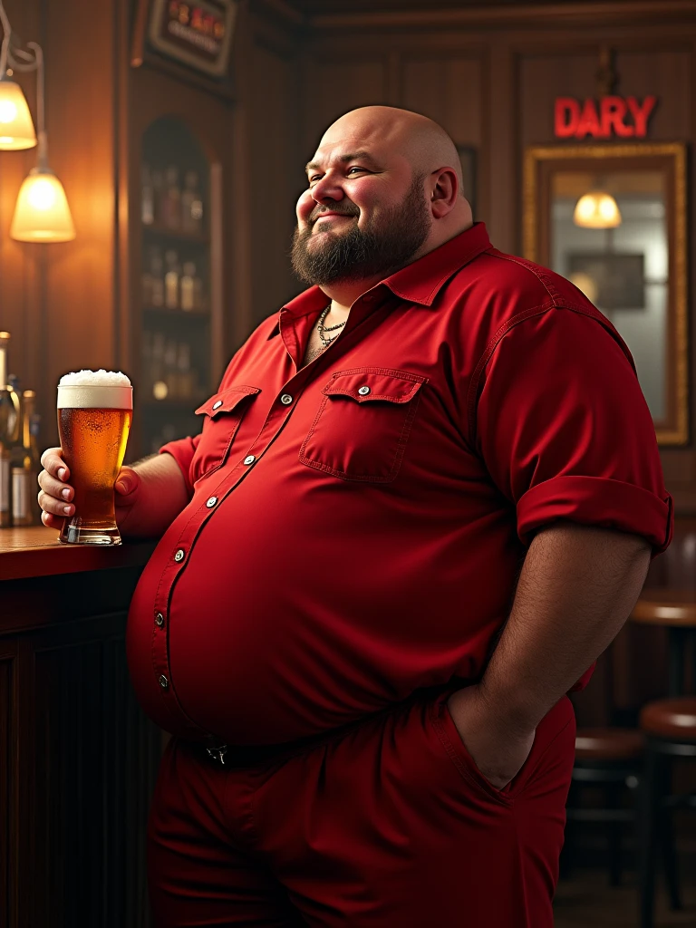 Make a man with obesity, This man must be wearing red clothes ,he must be inside a bar ,he is drinking beer ,photo ultra realistic ,8 k quality,fullHD