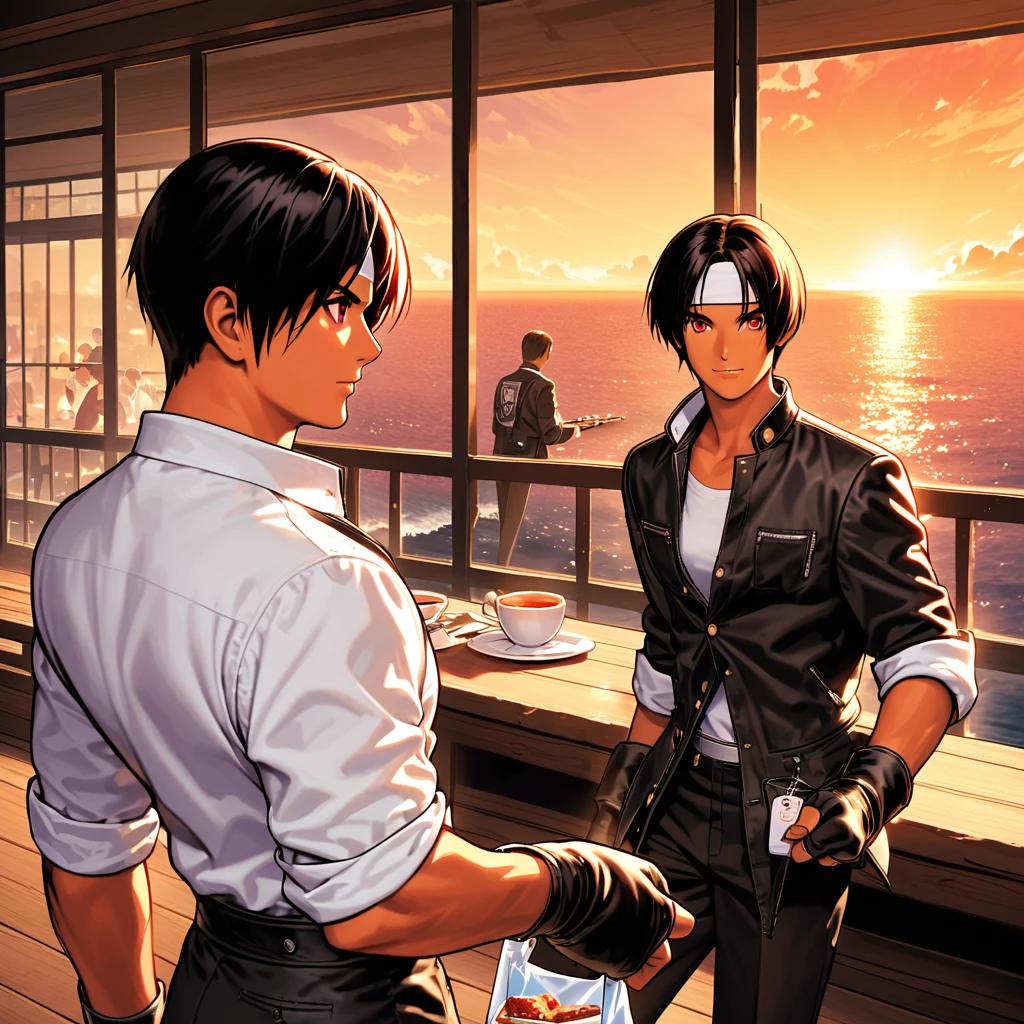 One person,woman,short hair,Dark Skin,Red eyes,（black jacket with sleeves rolled up）,Fingerless gloves,White T-shirt, （White headband on forehead）,Black trousers,White shoes,Tea belt,cute,Indoor Party,Charm Points,Ocean View,Slightly large chest,Outdoor,high quality,good looking,Confidence and shyness,Dining with friends on the terrace,Vibrant atmosphere,Receiving a gift from a friend