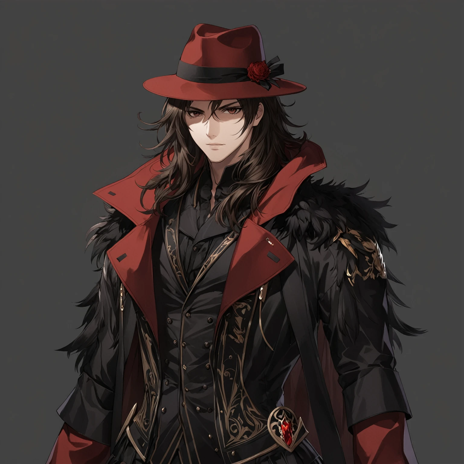 masterpiece, best quality, good quality, Highly detailed, shadowverse style, male, adult, brown eyes, brown hair, modern aesthethic, black and red main color, tidy hair