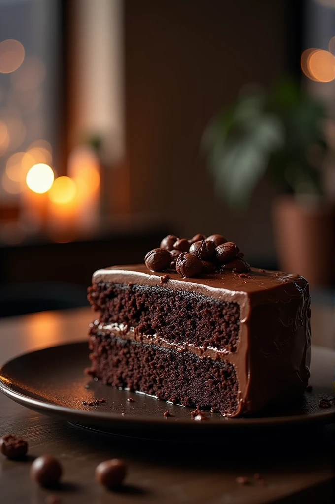 Chocolate cinematic movie scene, bolo de chocolate, darkness background, quality photo, Wet texture, penthouse, studio photo, slice. shallow depth of field, vignettes, highly detailed, high budget, bokeh, cinemascope, temperamental, epic, comely, film grain, grainy.