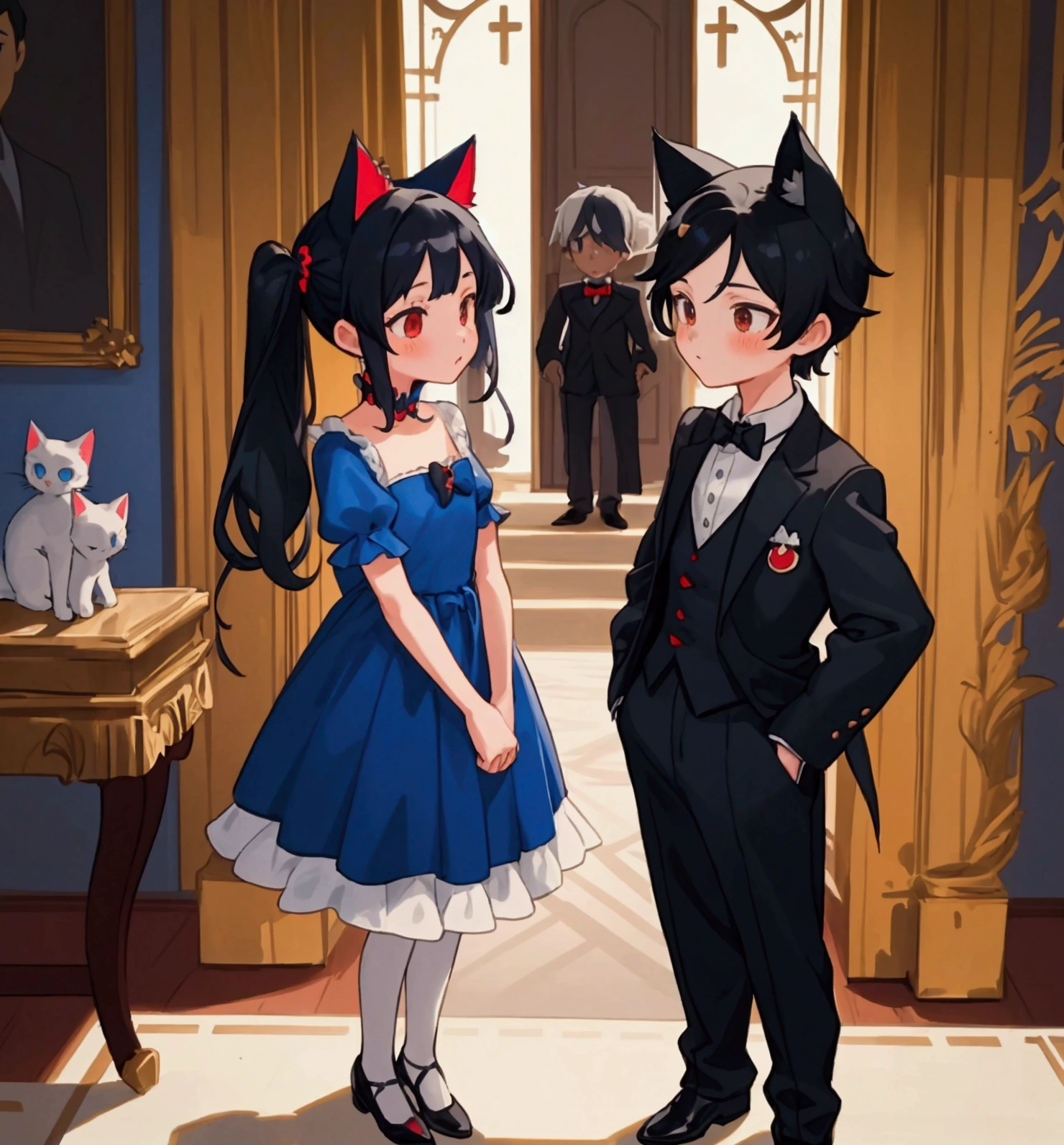 two children, a boy and a cute beautiful girl in the palace, girl with a beautiful blue dress with red details twintails black hair; boy in butler outfit black hair and cat ears