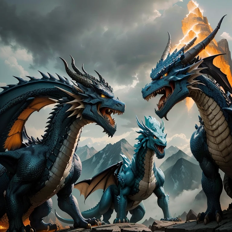 there are three dragon statues on a rock with a mountain in the background, dragons, dragons flying in the sky, ultraterrestrial dragons, draconians, dragons flying around, d&d 4k, lightning dragons attack, battle with dragon, avatar image, blue scaled dragon, by Adam Marczyński, tiamat, by Kerembeyit