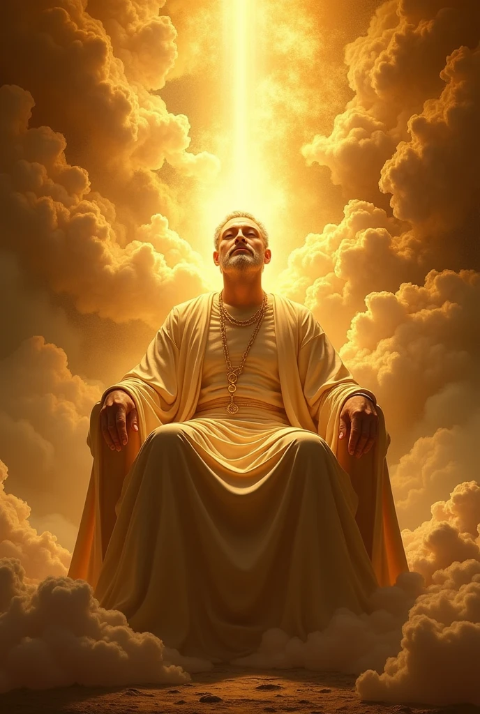 Make a monarch sitting on a throne, your face is an intense light. Around the throne make many clouds and angels. Use shades of gold 
