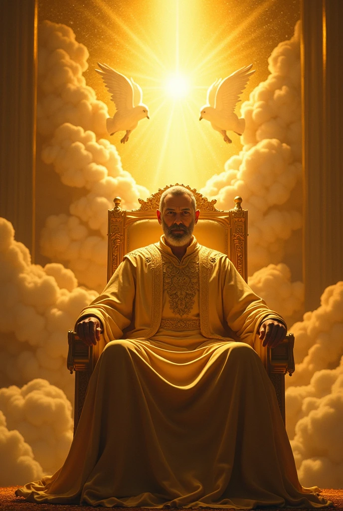 Make a monarch sitting on a throne, your face is an intense light. Around the throne make many clouds and angels. Use shades of gold 