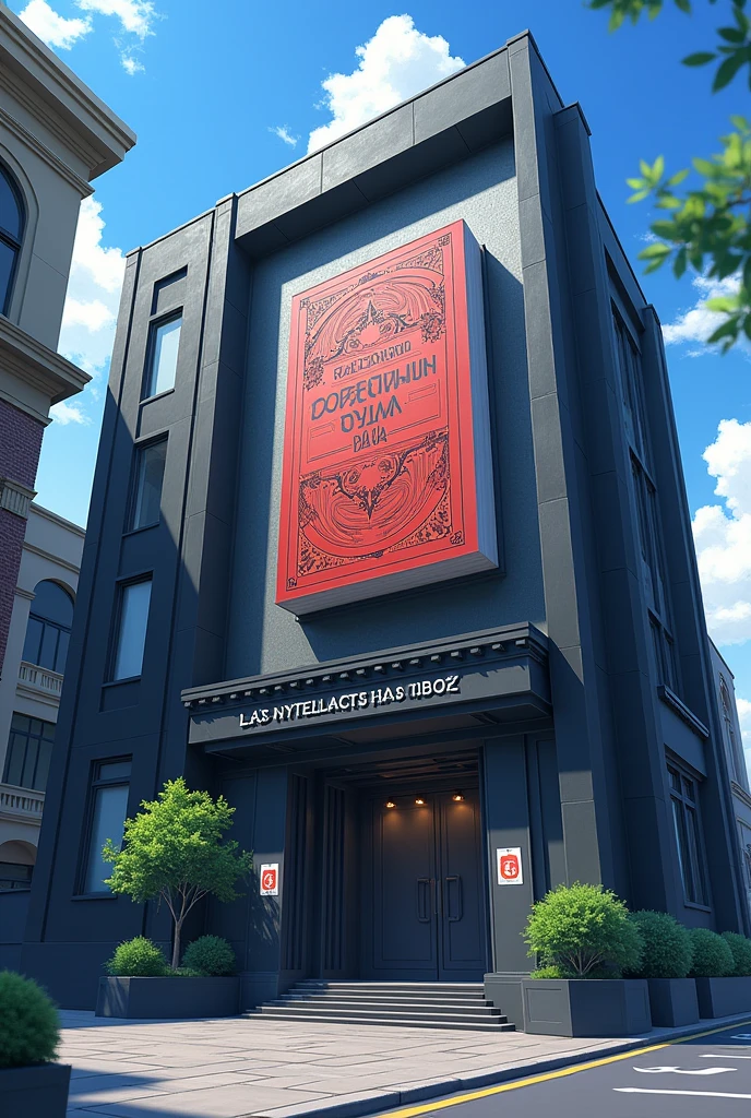Create an image of a secret base seen from the outside, but the base is a building, in anime version. Write "Official Novel Fanbook", I want it to be a cover for a book