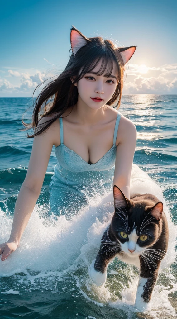 table top, highest quality, figure, Super detailed, finely, High resolution, 8k wallpaper, Perfect dynamic composition, Cat ear、Ocean