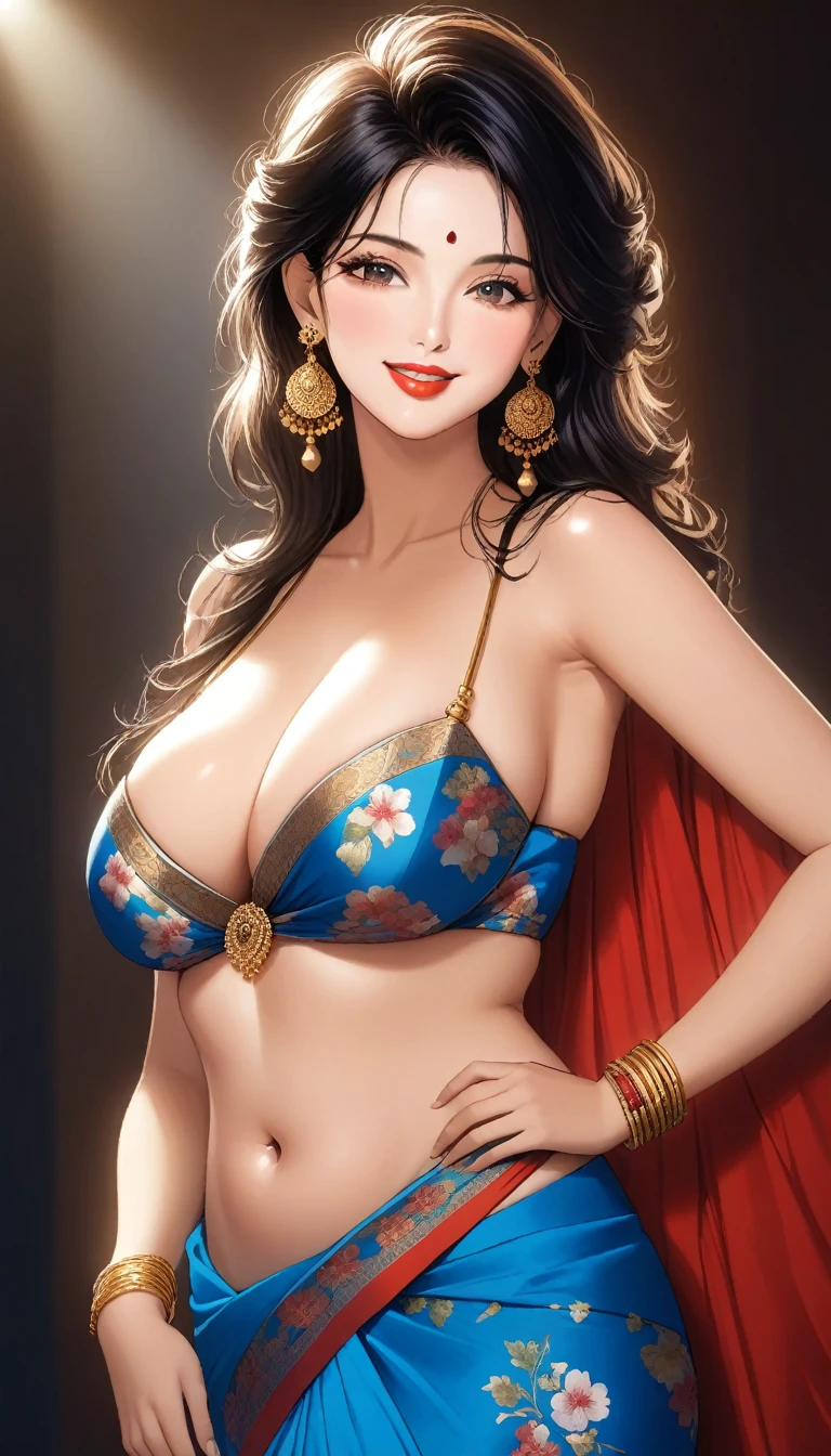 A beautiful mature woman in a floral design saree embedded with jewellery, intricate jhumka earrings, detailed alluring eyes, smooth lips, smiling, red lipstick, exposed navel, bangles, blue ribbon, saggy breasts, photorealistic, 8k, high quality, masterpiece, cinematic lighting, vibrant colors, intricate details, messy hair