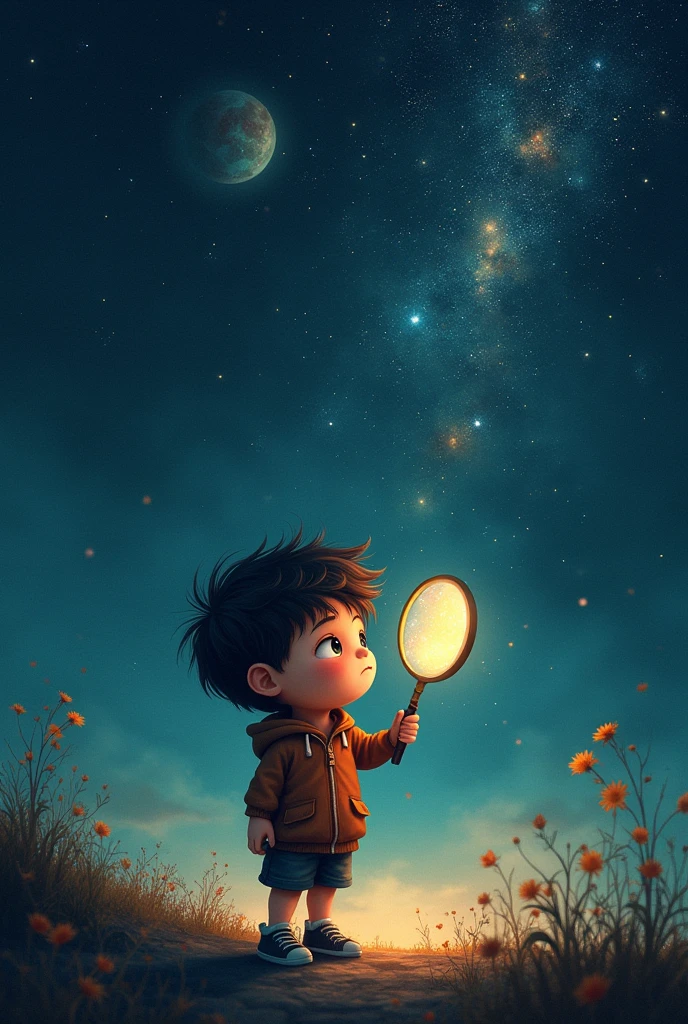 Make a picture of a boy, looking at the universe through a magnifying glass