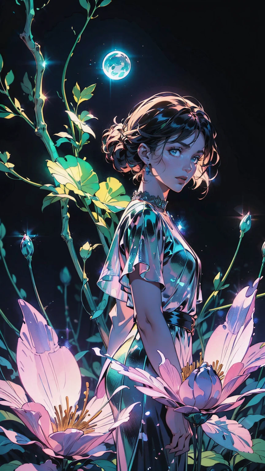 A stunning illustration of Surrealist illustration, featuring a regal figure shrouded in mist, rendered in mesmerizing bioluminescent neon watercolor hues, reminiscent of an ethereal dreamscape, washed across a stained glass canvas, evoking an air of mystical opulence. The celestial silhouette portrait, with intricately etched stars and planets, glows with an otherworldly luminescence, radiating an aura of enchantment. This ultra-high resolution masterpiece embodies a harmonious blend of mystical realism and cosmic fantasy, pulsing with iridescent shades of blue, purple, and green, inviting the viewer to step into its mystical realm.