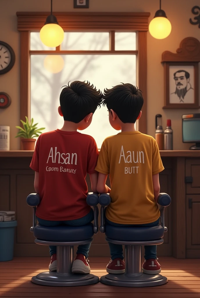 Two friends are sitting in a barber shop with their names written on one shirt"Ahsan"And on the other "Aoun Butt"It is written