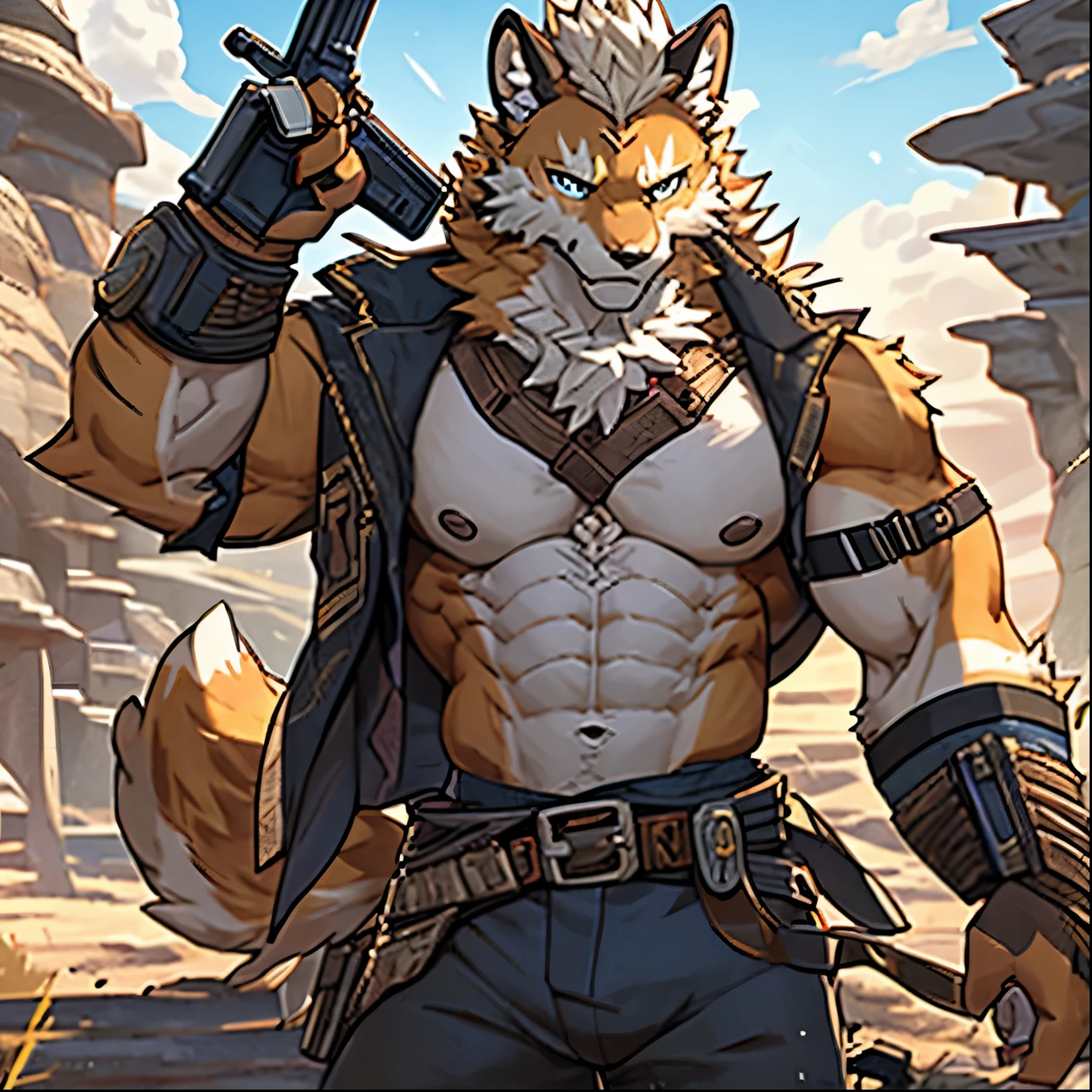 8K, Practical, High Detail, Very detailed, Kirin，Exquisite eyes，Exquisite eyes，Extremely high detail，Wasteland Wind，with cover，Abs loom，Orange fur，Strong body，With a gun in hand，Facing the screen，Topless，Strong chest muscles