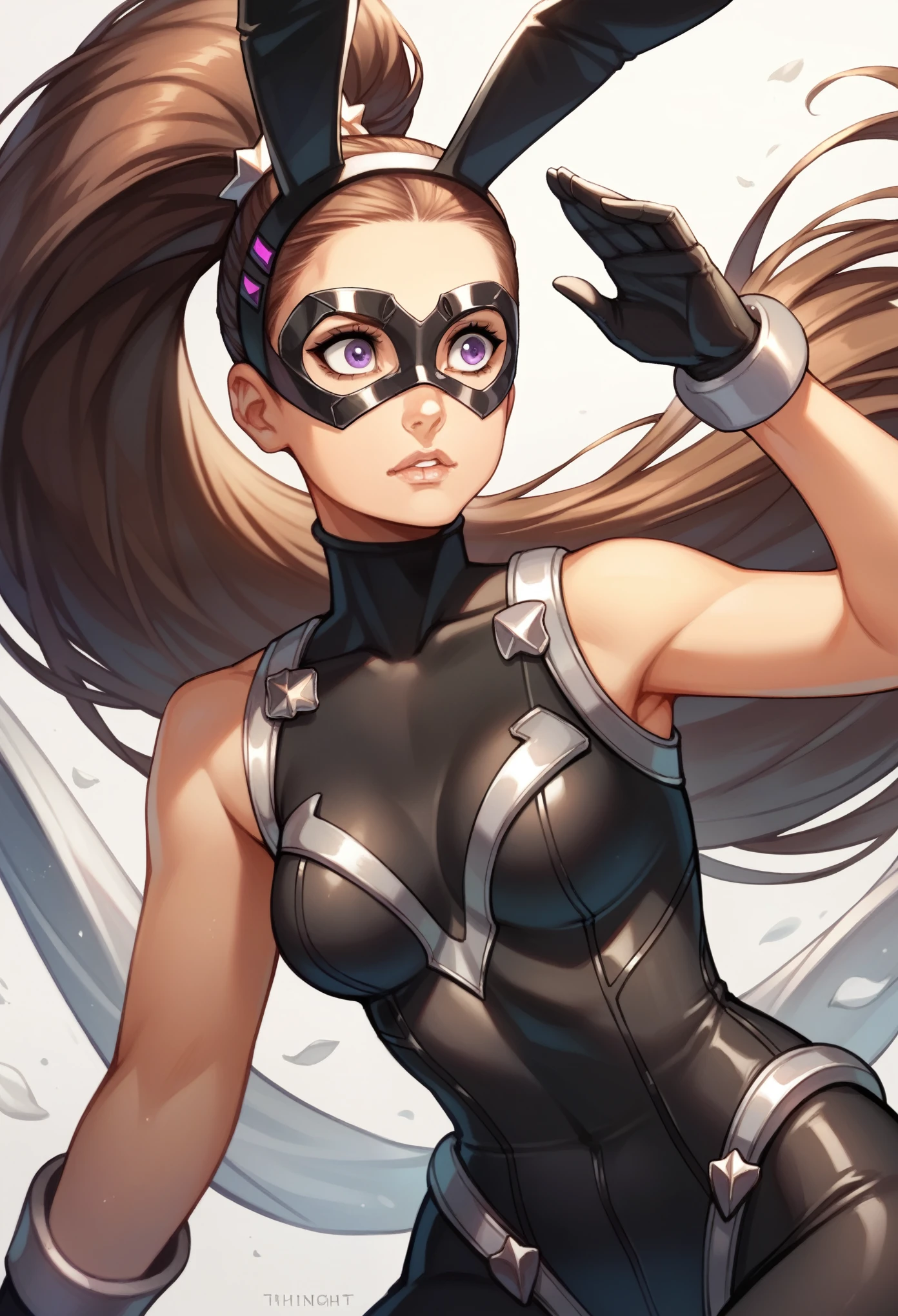 One woman, Ariana grande, 20 years old, brown hair, purple eyes, detailed face, mid breasts, black superheroine suit, sleeveless, bunny ears, mask, gloves, thights,