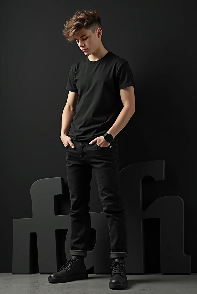 Boy-1

realistic 16 year old cute stylish attitude boy standing with big real 3D "F" name letter side and face down. boy wearing black full t-shirt and black jeans, black shoes, watch stylish hair, The background black wall should ensure that the name is not misspelled