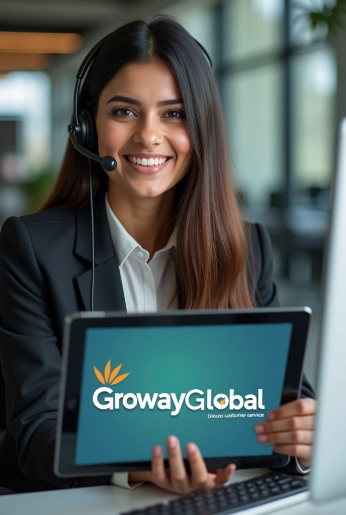 "A smiling Pakistani girl with a professional background, wearing a headset and sitting in front of a computer, with a friendly and approachable expression. She is holding a tablet with the GrowwayGlobal logo on it. The text 'GrowwayGlobal Director customer service' is written prominently on the image, with the same spellings as you requested."