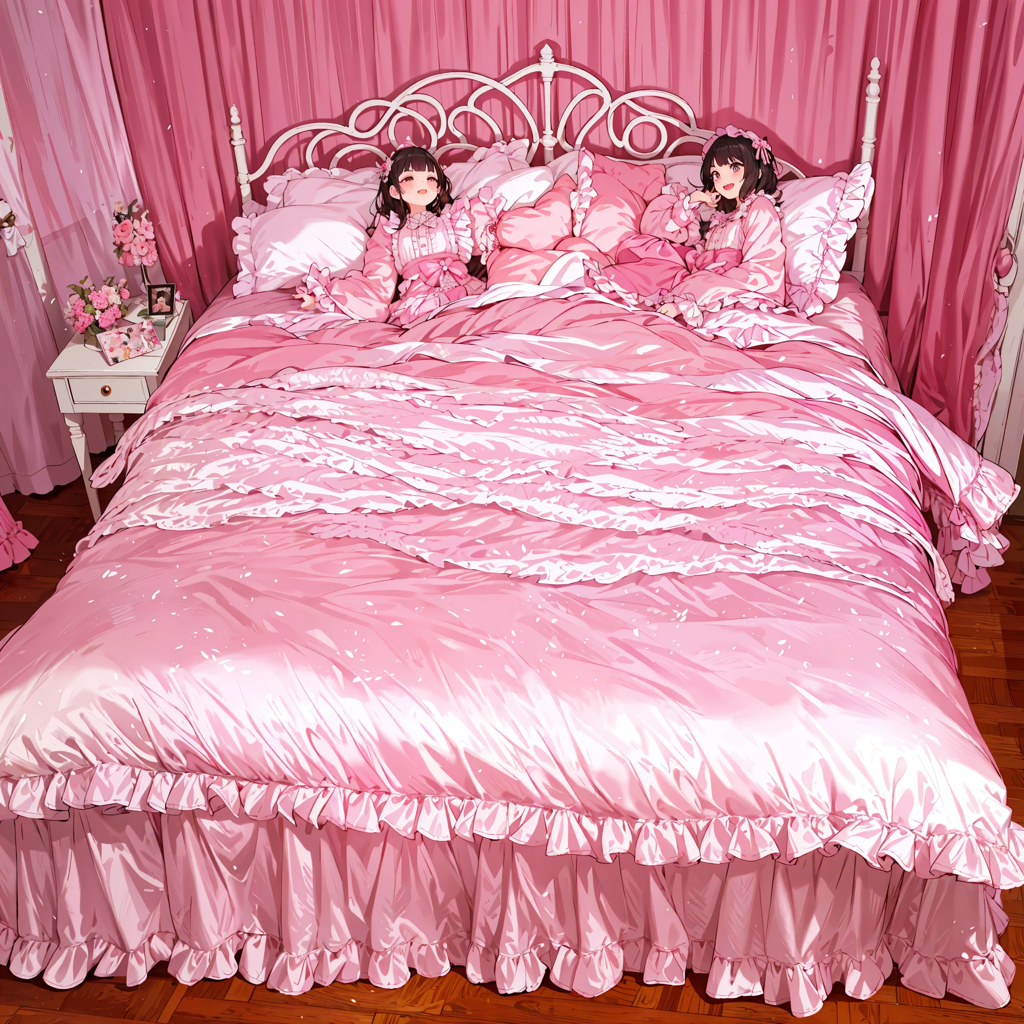 Happy girls fighting with pillows at pajama party。Many small feathers fluttering、Lolita style fashion with long sleeves and a long skirt nightgown with frills and ribbons。On a huge, wide canopy bed、Lots of frilly pillows and a frilly bed skirt、There are frilly curtains surrounding the bed.。detailed face。