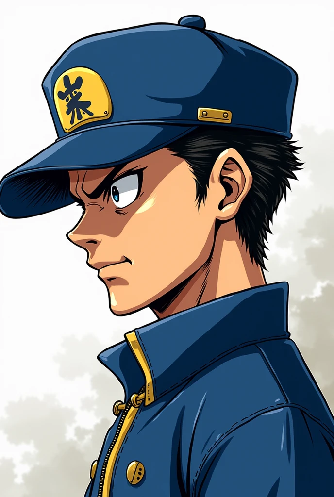 An anime character wearing a blue hat and a blue jacket, jotaro kujo, Jojo anime style, jotaro, Becoming a JoJo character, JoJo's Bizarre Adventure,, Kentaro Miura's Manga Art Style, JJBA, Joe Biden as a JoJo character, striking manga artstyle,Dwayne Johnson style,((Defective Japan))
((Profile on the left))
((Showa(Evil Face))
((Japanese student cap))
((Japanese Banchou))
((Showa不良))
((Looking forward))
((naked eye))