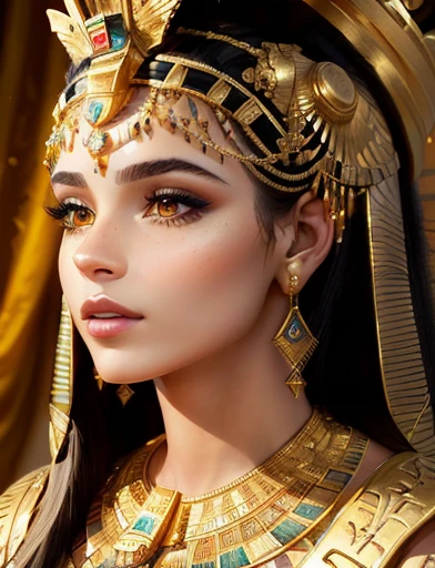 woman in golden suit with crown and tia, Egyptian makeup, beautiful Cleopatra, Egyptian princess, Egyptian, Egyptian макияж, wearing an Egyptian crown, Cleopatra portrait, Cleopatra, gorgeous woman, Egyptian style, Ancient Princess Libu, ancient Egyptian, Egyptian clothing, accurate to Egyptian tradition, stunning portrait of a goddess, black emma watson as Egyptian