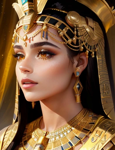 woman in golden suit with crown and tia, Egyptian makeup, beautiful Cleopatra, Egyptian princess, Egyptian, Egyptian макияж, wearing an Egyptian crown, Cleopatra portrait, Cleopatra, gorgeous woman, Egyptian style, Ancient Princess Libu, ancient Egyptian, Egyptian clothing, accurate to Egyptian tradition, stunning portrait of a goddess, black emma watson as Egyptian