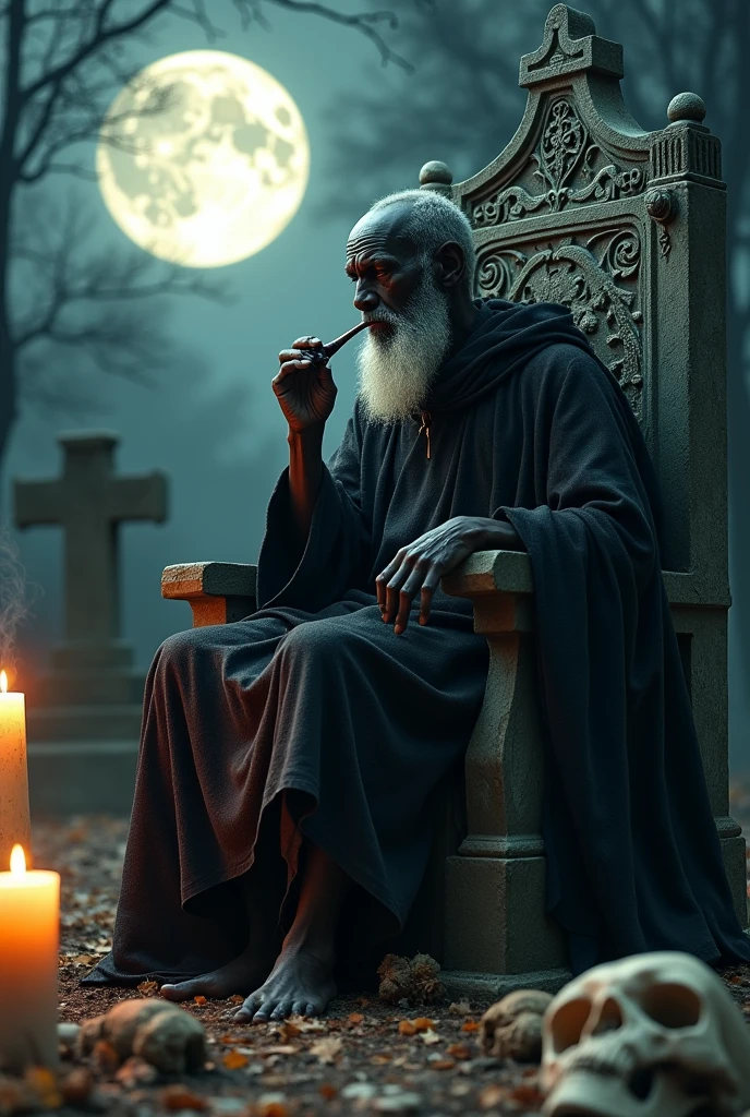 black male,older,sitting on a stone throne in a cemetery,greybeard,bare feet, bones scattered on the floor, lit candles and full moon,wearing a cloak. Negro smoked a pipe,supported by a bone cane