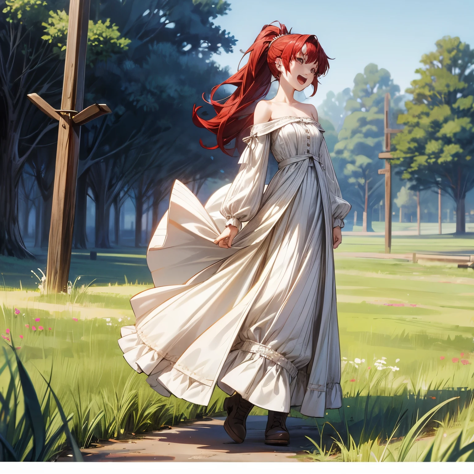 Solo character, full body version, young girl, black eyes, red color hair, long hair, ponytail, long dress clothing, Victorian dress, white color dress, bare shoulder clothing, long skirt, boots, earrings, outdoor, field, village, medieval, morning, standing gesture, detailed background, detailed clothing, detailed hair, happy eyes, open mouth, Medium breast 