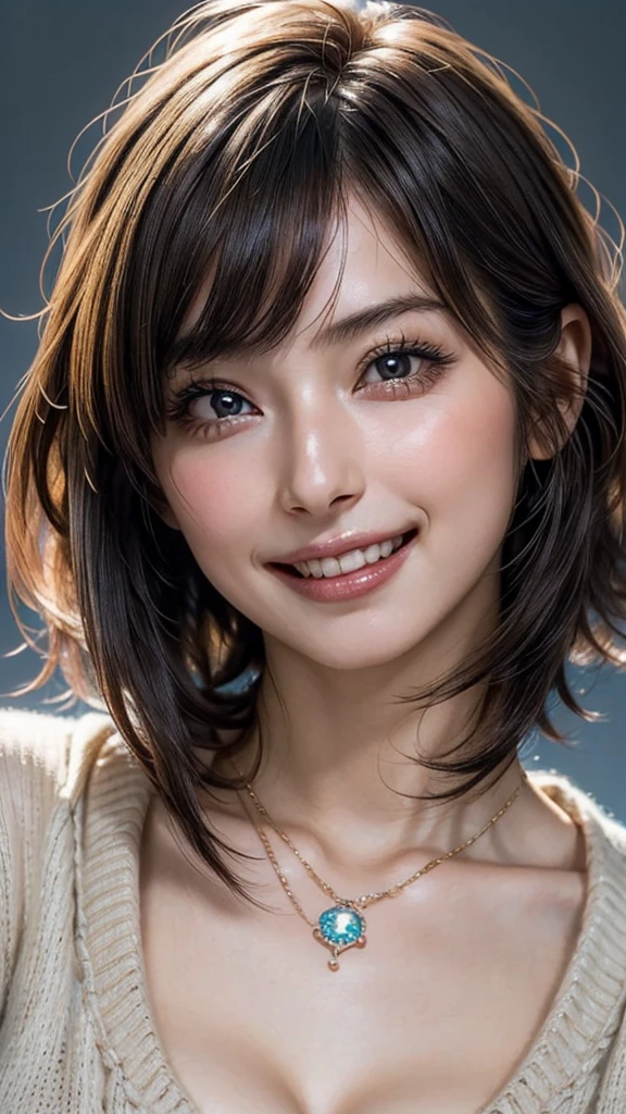 ((Beautiful Face:1.4)), (Purelos Face_v1: 1.0), (Highest quality, 8k, 32K, masterpiece, Ultra-high resolution:1.2),Beautiful Japanese Women Photos, Large Breasts, Very short bob hair,Upper Body,(Extra Large_sweater,:1.2) necklace, Simple Background, Look around,((Natural breasts:1.0)),((smile))