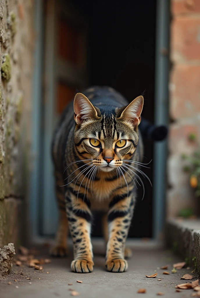 Image of a muscular militaire cat leaving his house leaving behind his wife crying prégnant cat
