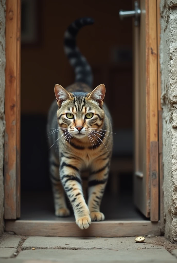 Image of a muscular militaire cat leaving his house leaving behind his wife crying prégnant cat