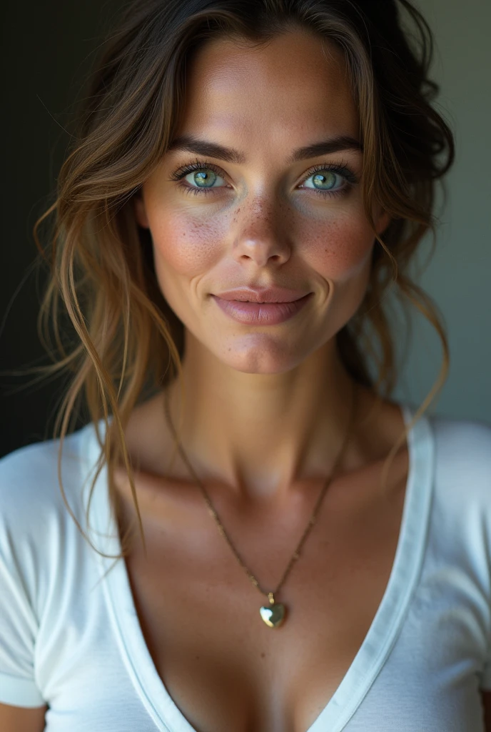 50 year old woman, bright blue eyes:1.4, (photorealistic:1.4, extremely complex:1.3, radiation, photon mapping, dtx, 8 K), ((((heart necklace close up, White T-shirt, wet, [medium breast:Big breasts:0.8])), wet, [Skin detail:freckles:0.7], natural), Bock effect, blurred background, Focus on face