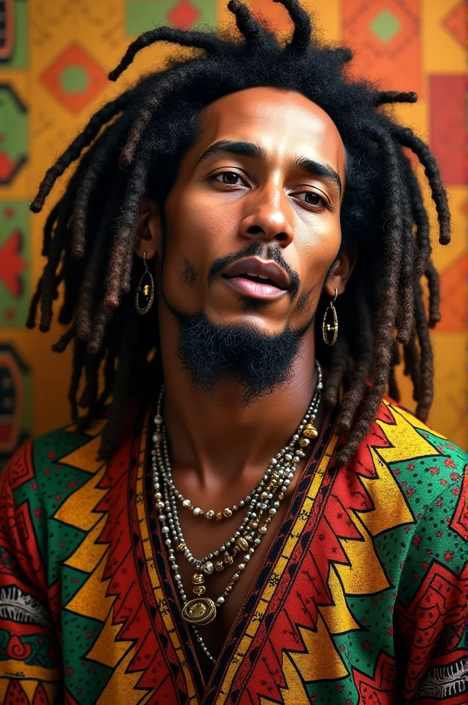 Dessine moi le visage de Bob Marley vêtu d'une tenue africaine colorée de beaux motifs.