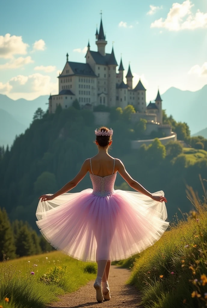 An imposing castle perched atop a lush green hill. Ao fundo, A clear blue sky with some fluffy white clouds. Sunlight illuminates the castle, creating soft shadows that highlight its structure. The ballerina is wearing an ethereal and shimmering costume and is wearing a bun with a beautiful crown, with tulle dresses that capture the evening light and reflect soft colors like pink, lilac and silver., they are on tiptoe